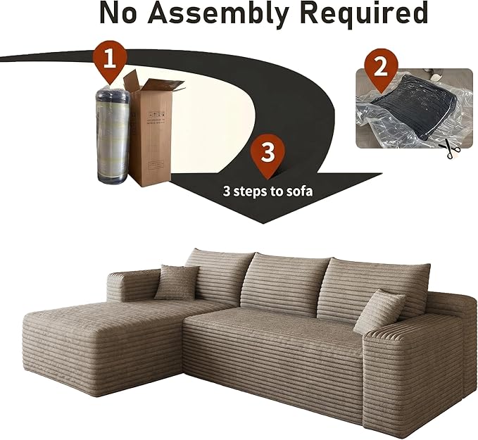 94" Camel Boneless Couch with Left Facing Chaise for Living Room, Corduroy L-Shaped Sectional Couches,Compressed Memory Foam Cloud Sofa,No Assembly Required,Camel
