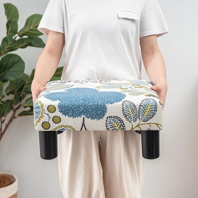 Joveco Small Foot Rest Stool Ottoman, Square Upholstered Fabric Footstool for Couch, Under Desk, Office, Living Room, Blue Floral