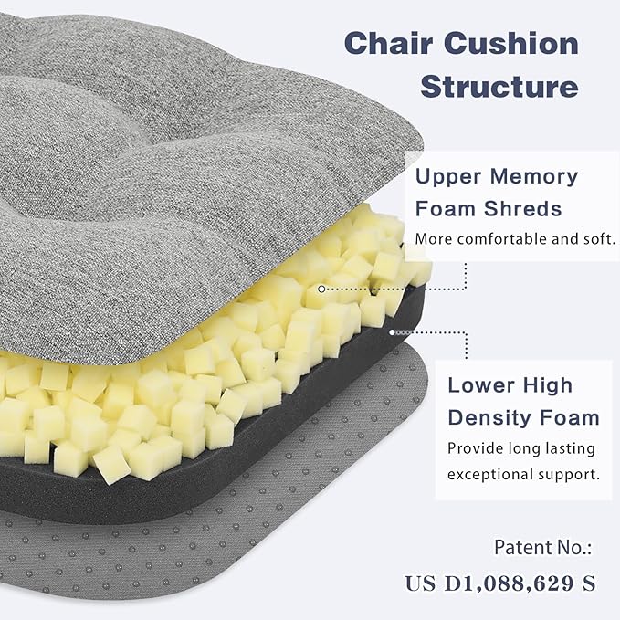 baibu Set of 2 Dining Chair Cushions, Dual-Layer Patent Design Memory Foam Kitchen Chair Cushions, Non-Slip Seat Pads with Ties, 16.5 x 16.5 x 3.5in, 2 Pack, Light Grey