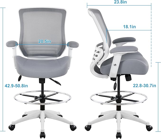 BOLISS 400lbs Mesh Ergonomic Office Drafting Chair Big Adjustable Foot Ring Height Adjustable Armrest (Grey)
