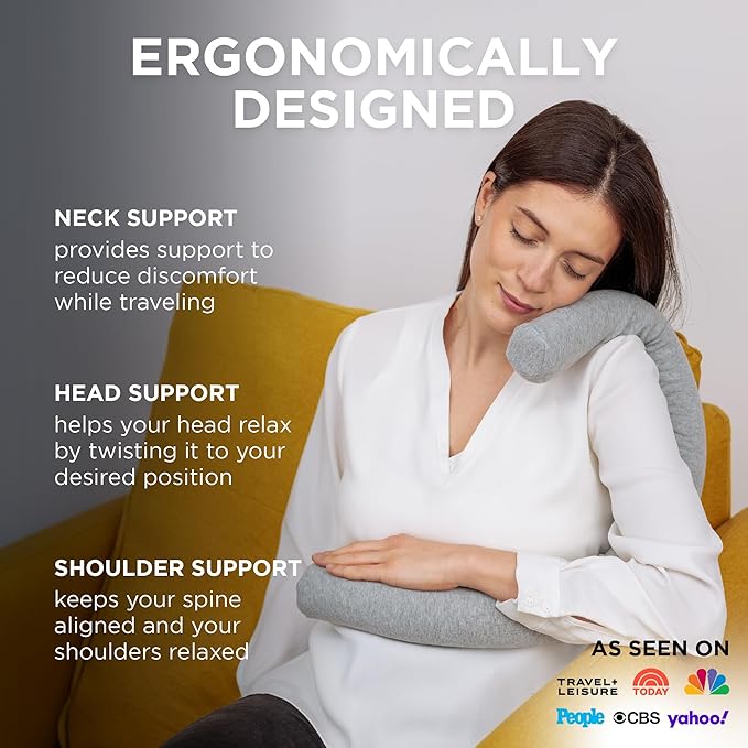 Dot&Dot Twist Memory Foam Travel Pillow for Neck, Chin, Lumbar and Leg Support - Cotton Cover Snap Closure Grey