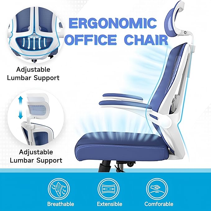Ergonomic Office Chair - 350LB Comfy Desk Chairs with Adjustable Headrest and Lumbar Back Support, Mesh Computer Chairs with Wheels and Arms for Home Office, Study (Blue-with Headrest)