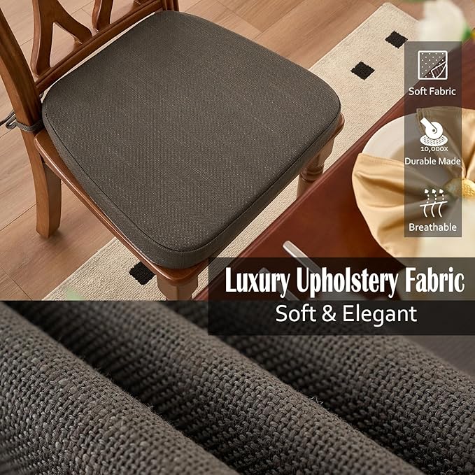 2'' Thick High-Density Foam Indoor Chair Cushions | Dining Chair Pads with Ties, Removable Washable Cover, Kitchen Chair Cushions 17"x16", Dark Brown 4 Pack