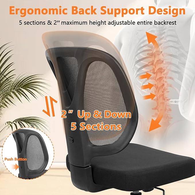 CLATINA Armless Home Office Chair, 360° Swivel Rolling Desk Chair with Lumbar Support and Wheels, Adjustable Height Mesh Back Small Ergonomic Computer Task Chair for Conference Waiting, Black