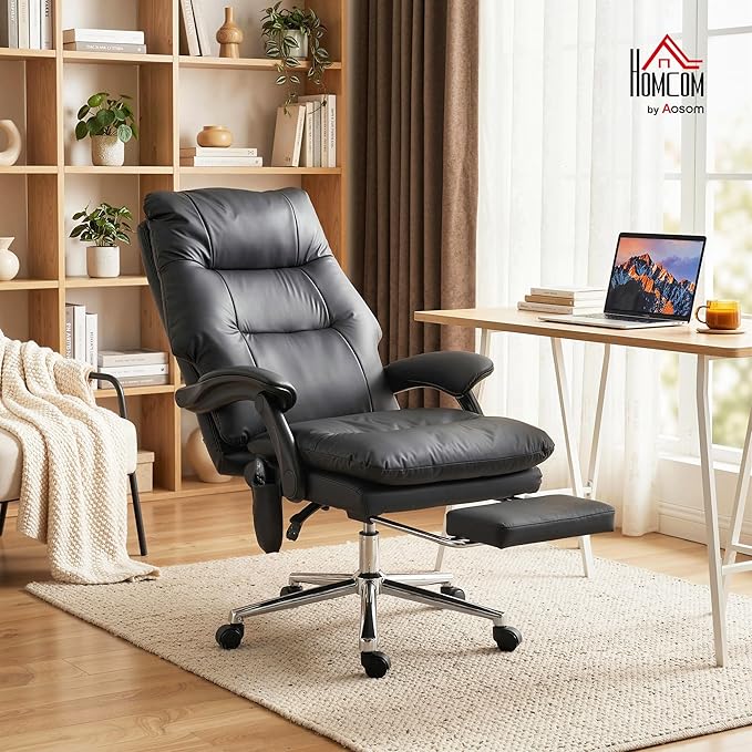 HOMCOM Massage Office Chair with 6-Point Vibration, Pet-Friendly Faux Leather Ergonomic Executive Desk Chair with Double-Layer Spring Cushions, Wide Seat, High Back, Reclining, Footrest, Black