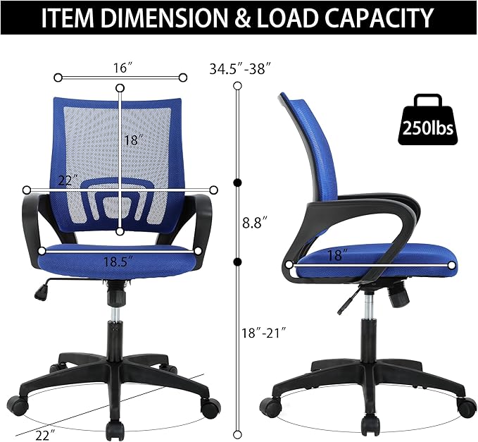 Mesh Office Chair with Adjustable Lumbar - Ergonomic Desk Chair, High-Density Foam Seat & Fixed Armrests, Durable 5-Star Base, PVC Base, Blue