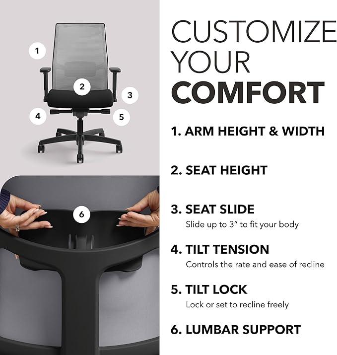 HON Ignition 2.0 Ergonomic Office Chair Fabric Seat, Adjustable Tilt, Swivel Wheels, Comfy for Long Hours, Home Office Desk Chairs, Fog