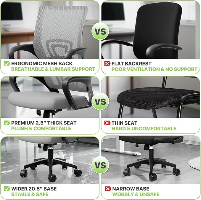 Magshion Ergonomic Office Desk Chair, Mid-Back Mesh Computer Chair, Swivel Chair with Breathable Backrest & Lumbar Support, Adjustable Height for Gaming, Work, Study, 300 Lbs Capacity, Light Gray