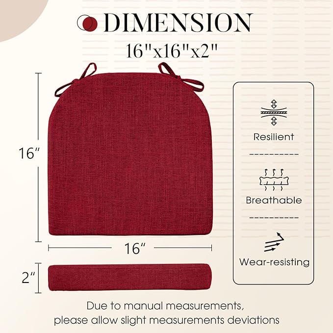 Basic Beyond Chair Cushions for Dining Chairs 6 Pack, Kitchen Chair Cushions with Ties and Non Slip Backing, 16 x 16 inches Chair Pads for Dining Chairs (Red)
