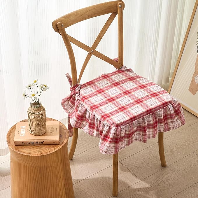 vctops Plaid Cotton Chair Cushion for Kitchen Dining Room Chairs Farmhouse Scottish Tartan Thin Thin Seat Cushion Soft Foam Non Slip Chair Pad with Removable Cover (Red,16"x16")