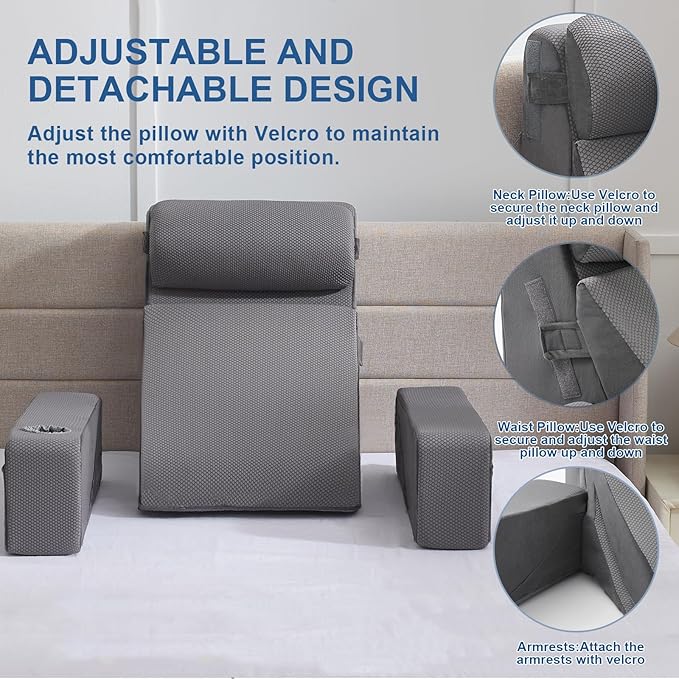 Reading Pillow for Sitting in Bed Adult, Back Pillow for Bed Sitting up with Arms, Pockets and Cup Holder, Sit Up Backrest Pillows for Beds Chair Support, Rest Pillow for Gaming