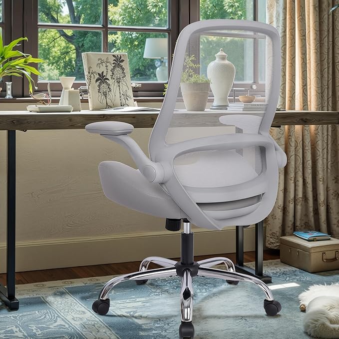 HYLONE Office Chair Ergonomic Desk Chair with Flip up Armrests, 5" Thickened Seat Computer Chair with Breathable Mesh Back Home Office Computer Chairs for Long Hours Mesh Executive Chair(Grey)