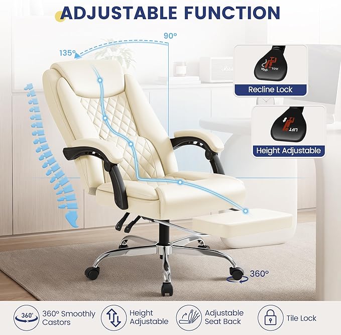 Shahoo Big and Tall Office Chair Height Adjustable Faux Leather Chair with Footrest and Lumbar Support, Ergonomic High Back Computer Chair with 360° Swivel Wheels Task Chairs for Office Home, Beige