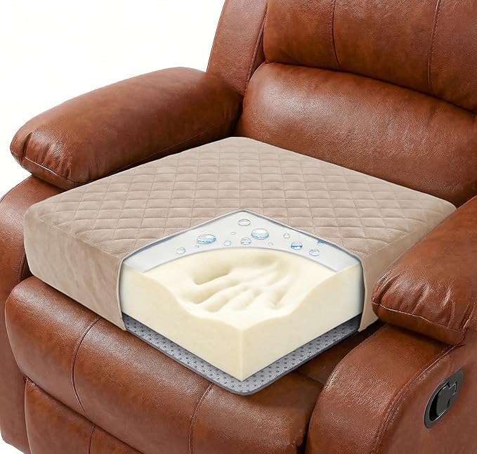 Soft 20x20x5 Memory Foam Recliner Chair Seat Cushion for Long Sitting - Armchair Pad with Washable Velvety Cover & Non-Slip Base for Seniors & Elderly - Beige