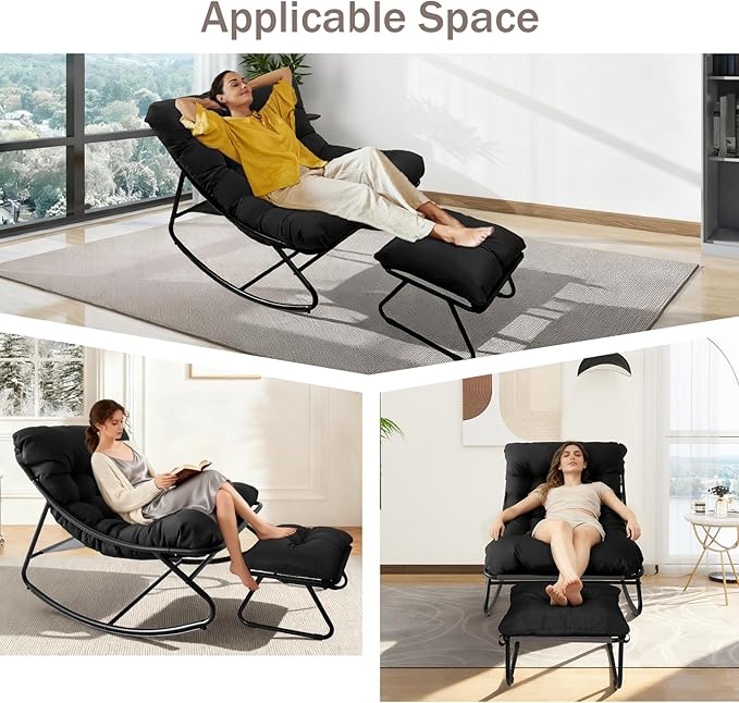 Outdoor Rocking Chair, Rocking Chair with Foot Rest, Comfy Rocker Chairs with Thick Cushion and Frame, Mecedora for Balcony, Living Room, Patio (Black.)