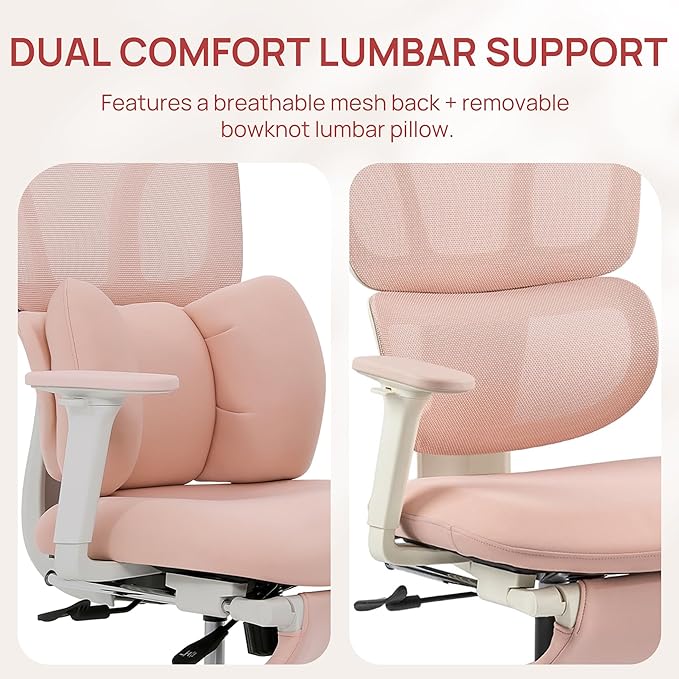 CabLady S1 Petite Ergonomic Home Desk Chair with Footrest and Headrest, High Back Fixed Lumbar Support with Detachable Pillow, Reclining Cute Office Chair for Women & Girls, 300 LBS Capacity