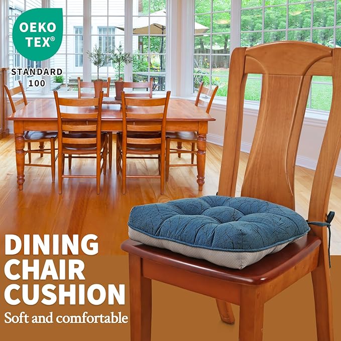 Marble Pattern 3" Chair Cushion for Dining Chair, Filling Bite-Size Memory Foam U-Shaped Seat Cushions for Kitchen Chairs, Non-Slip Indoor Chair Pad with Ties, 1 PCS, Blue