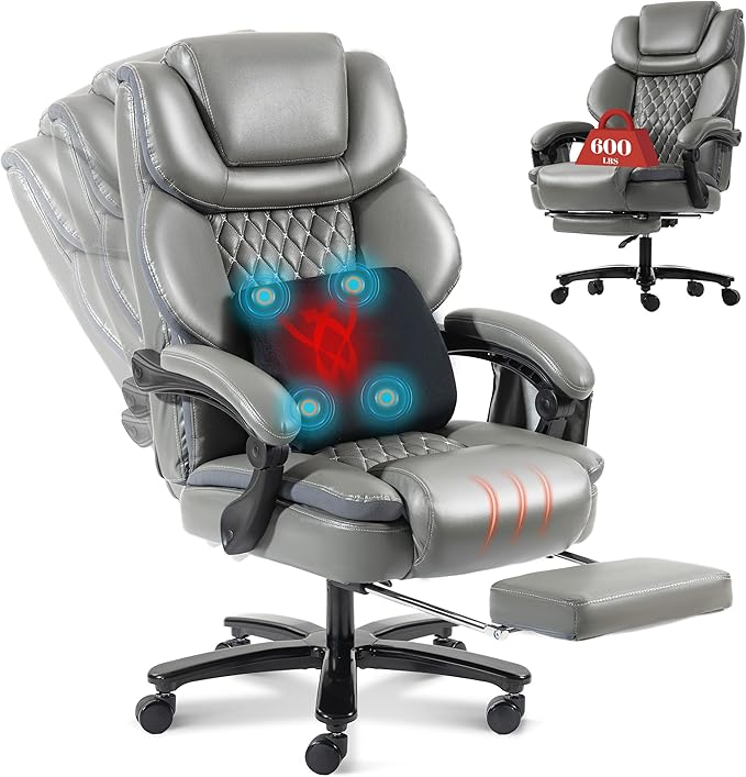 3D Kneading Massage Office Chair, Oversized 600LBS Big and Tall Executive Office Chair with Footrest, Reclining Computer Chairs, Wider Upholstered Seat Ergonomic Desk Chair for Home Office,Grey