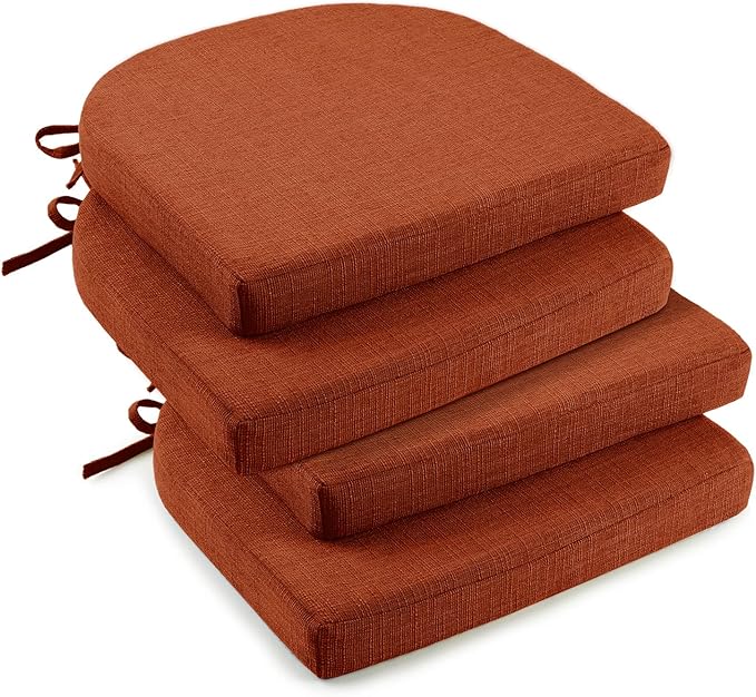 downluxe Indoor Chair Cushions for Dining Chairs, Soft and Comfortable Textured Foam Kitchen Chair Pads with Ties and Non-Slip Backing, 16" x 16" x 2", Orange, 4 Pack