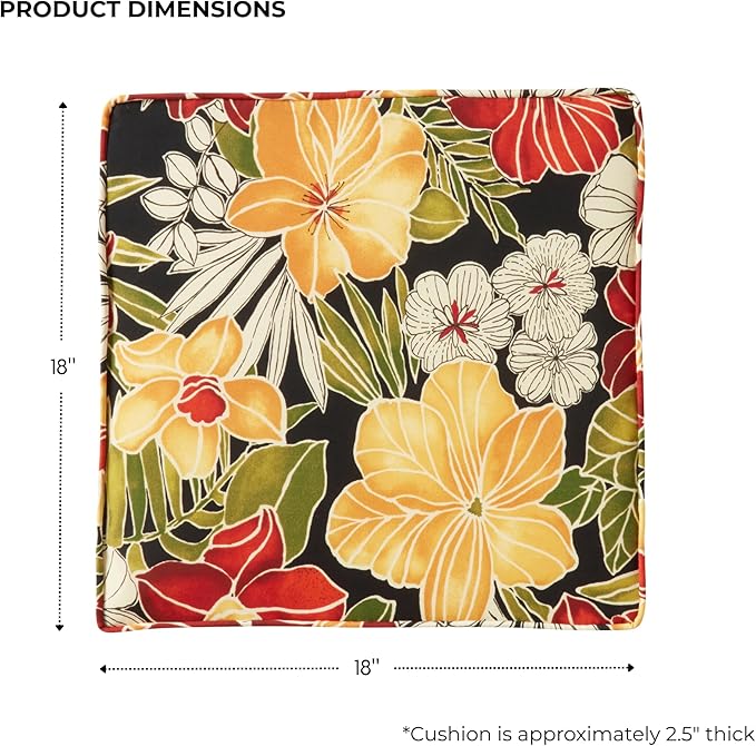Outdoor 18 inch Square Patio Dining Chair Pads – Comfortable Fiber-Filled Seat Cushions with Ties, Reversible Polyester Fabric - Aloha Black Floral, Set of 4
