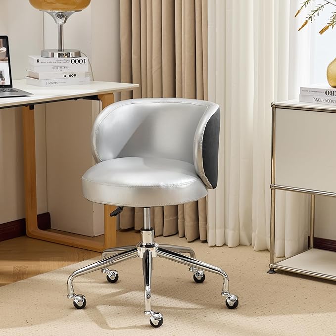 VINGLI Cute Small Swivel Desk Chair Comfy with Wheels,Ergonomic Low-Back Lumbar Support Vanity Nail Tech Rolling Task Stool Chair for Home Office,Height Adjustable,PU Leather Silver&Suede Black