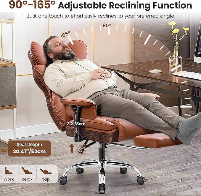 BESTFAIR Big and Tall Office Chair for Heavy People - 400 LBS Capacity Executive Chair with High Back & Footrest, Ergonomic Wide Padded Leather Seat Computer Gaming Chair, Terracotta Brown