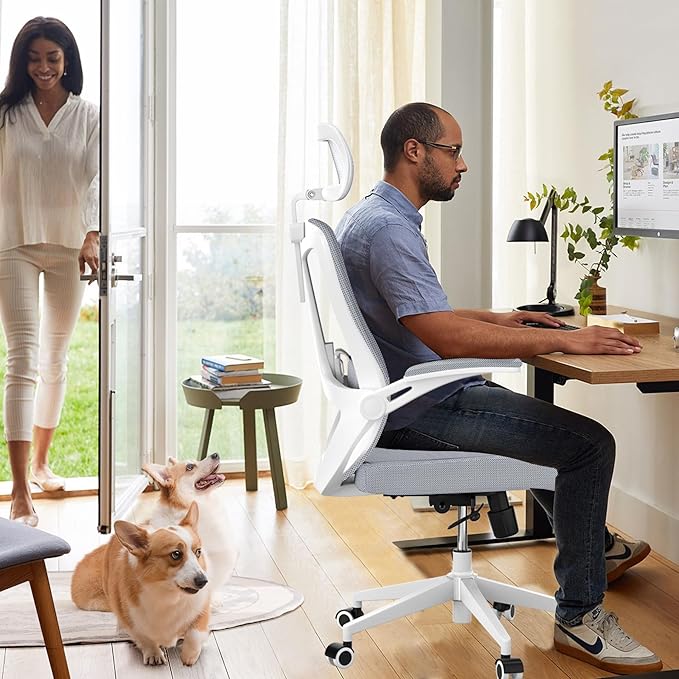 350 LBS Ergonomic Office Computer Mesh Chair - Adjustable Height Rolling Desk Chair with Flip-Up Armrests & High Back Support - Comfortable Swivel Task Chair for Home Office (03grey)