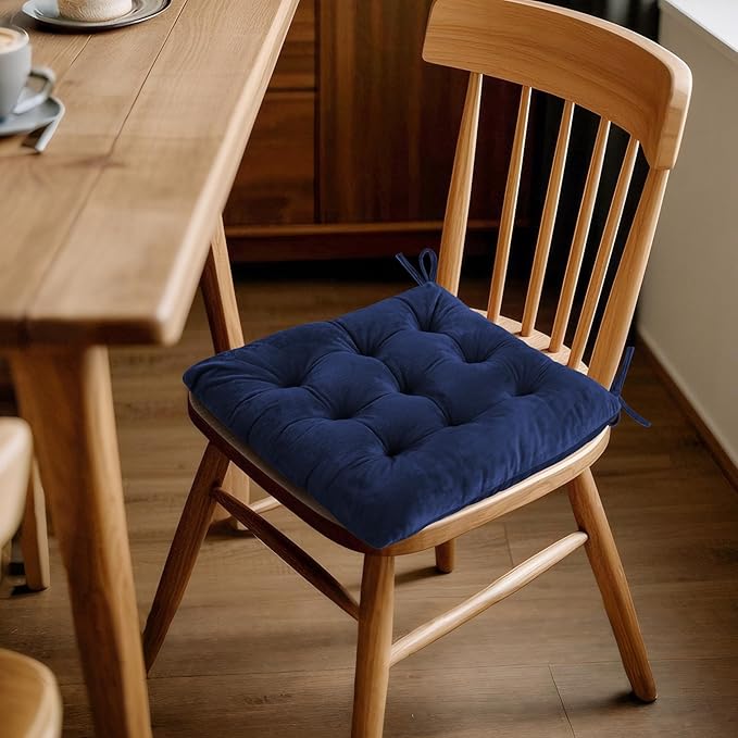 ELFJOY 4 Pack Chair Cushions for Dining Chairs Chair Pads Cushion for Kitchen Office Tufted Square Seat Cushion with Ties (16" Navy Velvet)