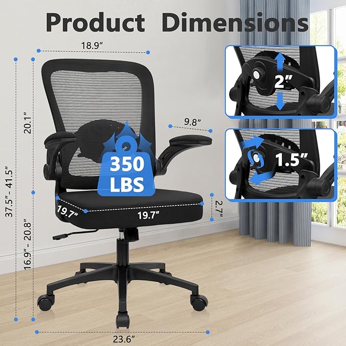 KLASIKA Desk Chairs with Wheels, Ergonomic Mesh Back Home Office Chair Adjustable Lumbar Support and Height Swivel Rolling Computer Task Chairs with Flip Up Armrests for Conference Meeting, Black, 8PK
