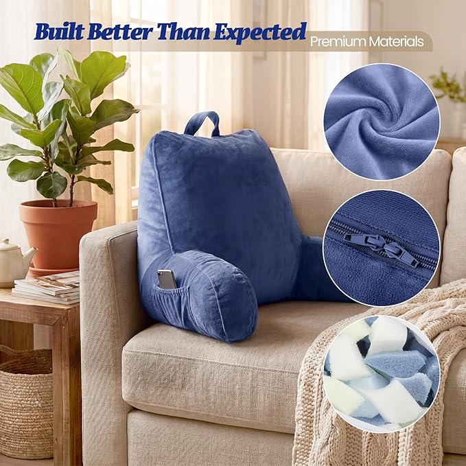 ACH Reading Pillow with Arms for Adults - Adjustable Memory Foam Bed Rest Pillow, Lumbar & Neck Back Support, Soft Velvet Cover Machine Washable, Deep Side Pocket & Carry Handle, Blue