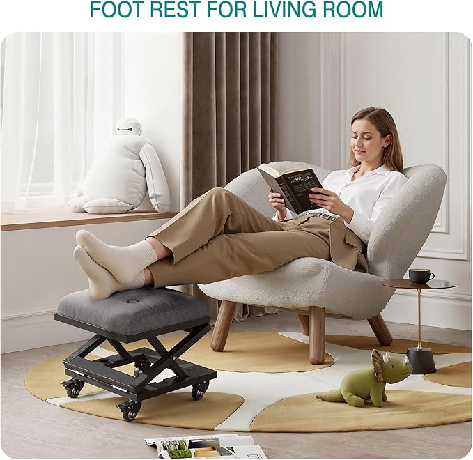 VECELO Foot Rest Under Desk at Work, Height Adjustable Rolling Foot Stool with Wheels, Cushioned Seat for Living Room, Bedroom, Home Office
