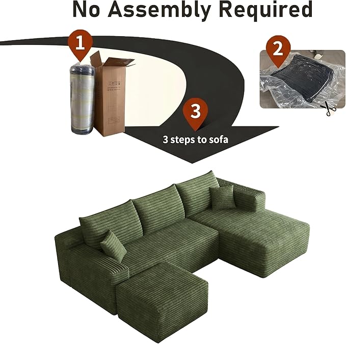 94" Green Fluffy Couch with Ottoman for Living Room, Corduroy No Bones Sectional Couch,Compressed Memory Foam Cloud Sofa,No Assembly Required,Right Facing Chaise,Green