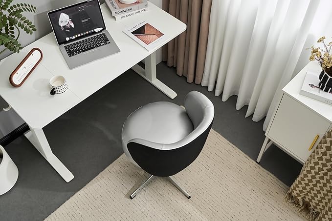 VINGLI Cute Small Swivel Desk Chair Comfy no Wheels,Ergonomic Low-Back Lumbar Support Vanity Nail Tech Computer Task Stool Chair for Home Office,Height Adjustable,PU Leather Silver&Suede Black