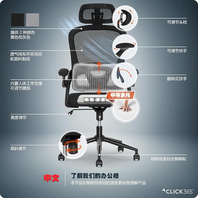 AeroCore M320 Ergonomic Office Chair, High Back Breathable Mesh Computer Chair with Lumbar Support, Adjustable Headrest & Tilt, Flip-Up Arms, 360° Swivel Home Office Desk Chair, Black
