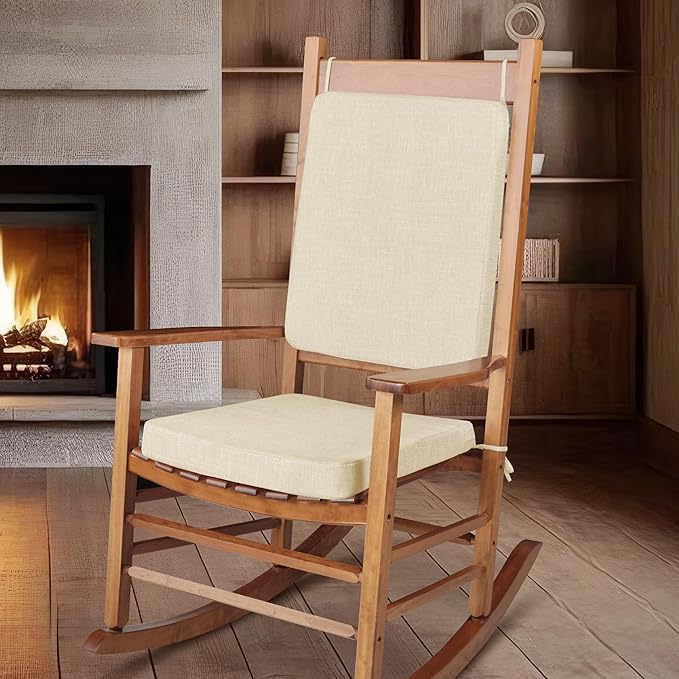 Rocking Chair Cushion Set with Machine Washable Cover Non-Slip Rocking Chair Cushions Indoor Seat and Back Pads with Ties 1 Pack, 2 Piece Set, 20"x 17"x 2" (Ivory)