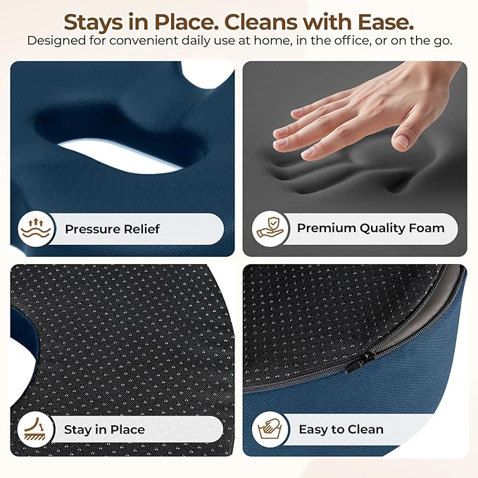 TushGuard Ergonomic Donut Pillow Seat Cushion with Raised Rear Support, Large Memory Foam Cushion for Tailbone, Hemorrhoids & Sciatica Relief, Office Chair, Car, Travel, Postpartum, Blue
