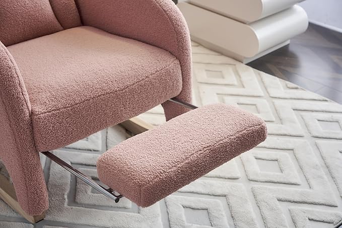 Rocking Chair with Foot Rest, Nursery Glider Teddy Gliding Rocking Chair with Retractable Footrest Rubber Wood Legs Side Pocket High Back & Wide Seat Nursing Chair for Living Room (Pink)