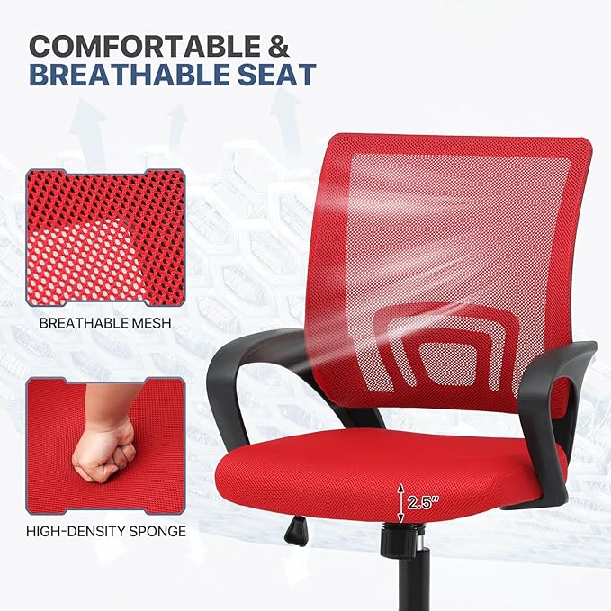 MoNiBloom Mesh Office Chair, Ergonomic Computer Chair for Adults, Rolling Swivel Mid-Back Desk Chair with Lumbar Support, Comfy Armrest for Home Office, Gaming, Red 20 Pack