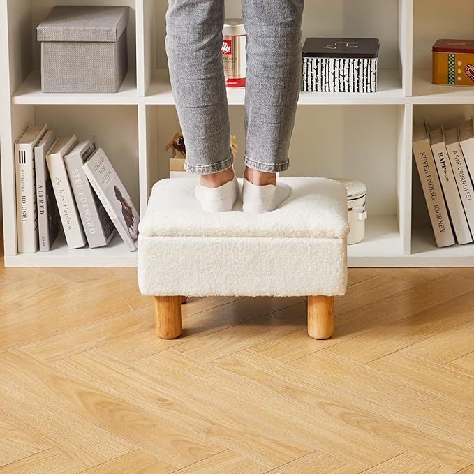 Aibiju Ottoman with Storage, Small Foot Rest for Couch 16x12x9.5inch, Safety Hinge Flip Top Foot Stool Load up to 330lb for Living Room Dorm Teddy White YD-JD136W