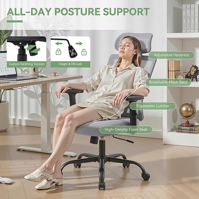 Ergonomic Office Chair, Office Desk Chair with High Back Mesh and Adjustable Lumbar Support, Rolling Work Chairs with Wheels and Adjustable Headrests, Wide Cushion, Grey