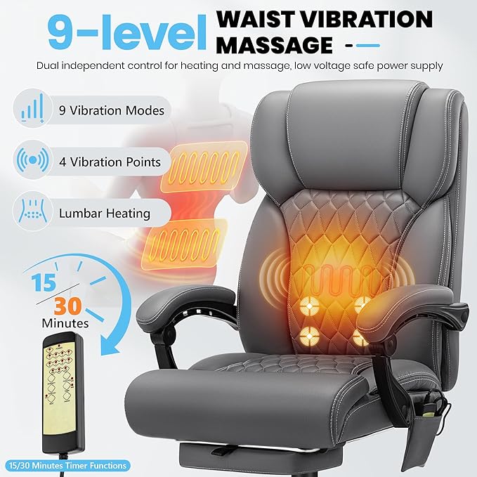 Massage & Heat Office Chair with Footrest, 400LBS Reclining Ergonomic Executive Chair for Big & Tall, High Back Home Office & Gaming Desk Chairs for Heavy People, Grey