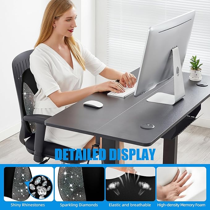 Lumbar Support Pillow with Diamond, Memory Foam Lumbar Pillow for Office Chair for Lower Back Pain Relief, Car Lumbar Support for Driving Seat, Back Support Pillow for car Chair(Black)