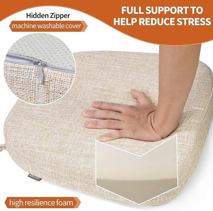 SINOSSO Chair Cushions for Dining Chairs, Soft Blended 2.5" High Density Support Foam Kitchen Seat Cushions with Ties, U-Shaped Non-Slip Indoor Chair Pads, 16.5" x 16", 4 PCS, Beige