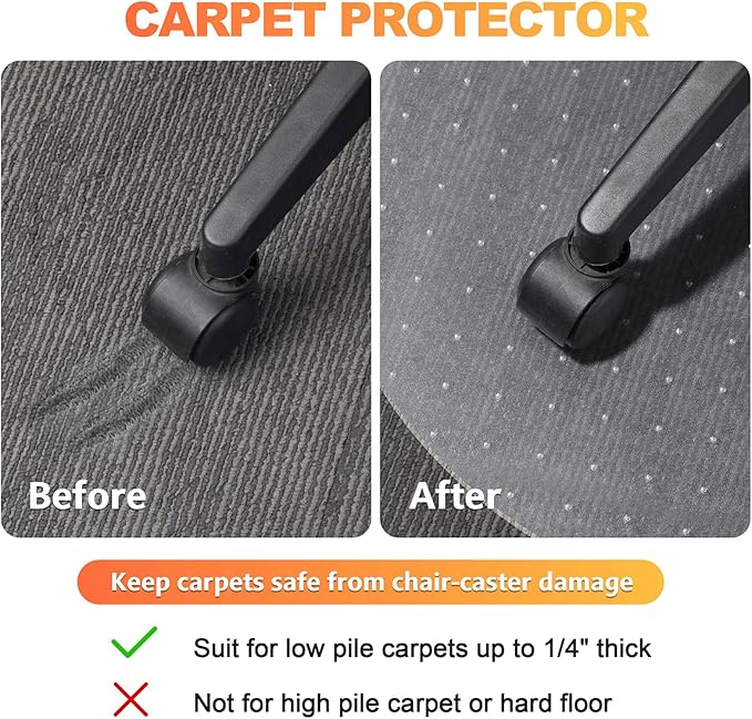 Chair Mat for Carpet- Low Pile (1/4" Thick) Carpet Protector for Office Gaming Computer Desk Chair. Heavy Duty Desk Chair Mat for Carpeted Floors, Semi Transparent (round-39in)