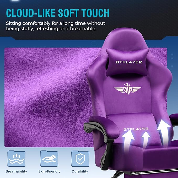 GTPLAYER Gaming Chair Fabric with Pocket Spring Cushion, High Back Ergonomic Computer Chair with Footrest for Adults Lumbar Support Swivel Game Chair for Office Gaming 350LBS, Dark Purple