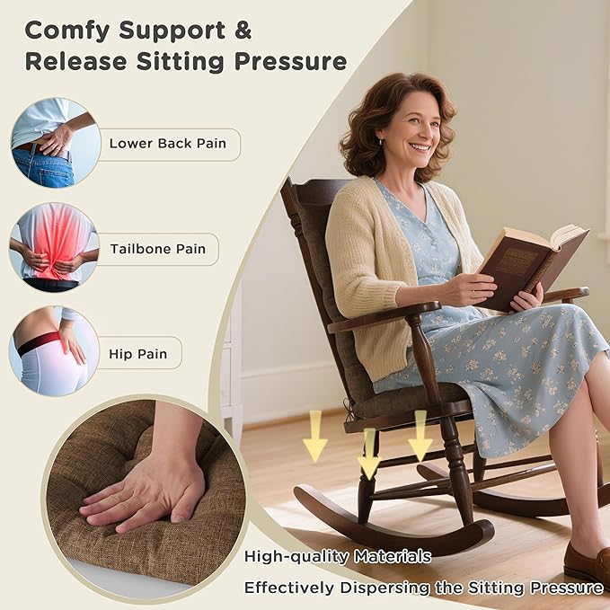 AddGrace Rocking Chair Cushions Indoor Tufted Cushions for Rocking Chairs with Ties Comfortable Textured Fabric Set of Seat & Back Cushion 21x17/17x17 (Brown)