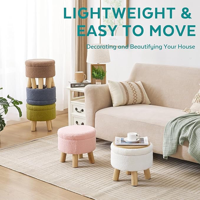 Small Foot Stool Ottoman with Storage, Sherpa Ottoman Foot Rest for Couch, Round Footstool with Storage, Small Ottomans and Footstools for Living Room and Entryway (Bright Green)