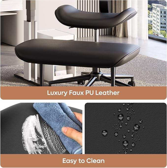 Pinmoco Cross-Legged Office Chair with Footrest, PU Leather Armless Desk Chair, Wide Padded Seat for Cross Leg Sitting, Adjustable Height & Swivel, Modern Home Office Chair, Black