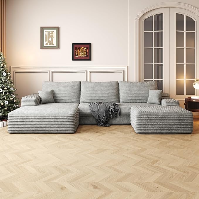 107" U Shaped Cloud Corduroy Couch with Ottoman, Comfy Sectional Boneless Couches for Living Room Bedroom, Deep Seat Sleeper Compression Sofa, No Assembly, Left Facing Chaise, Grey