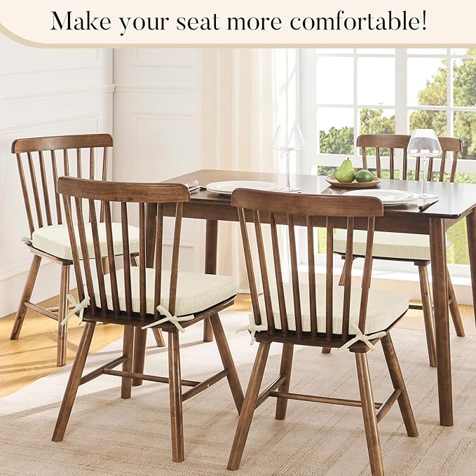 Basic Beyond Chair Cushions for Dining Chairs 4 Pack, Kitchen Chair Cushions with Ties and Non Slip Backing, 16 x 16 inches Chair Pads for Dining Chairs (Beige)